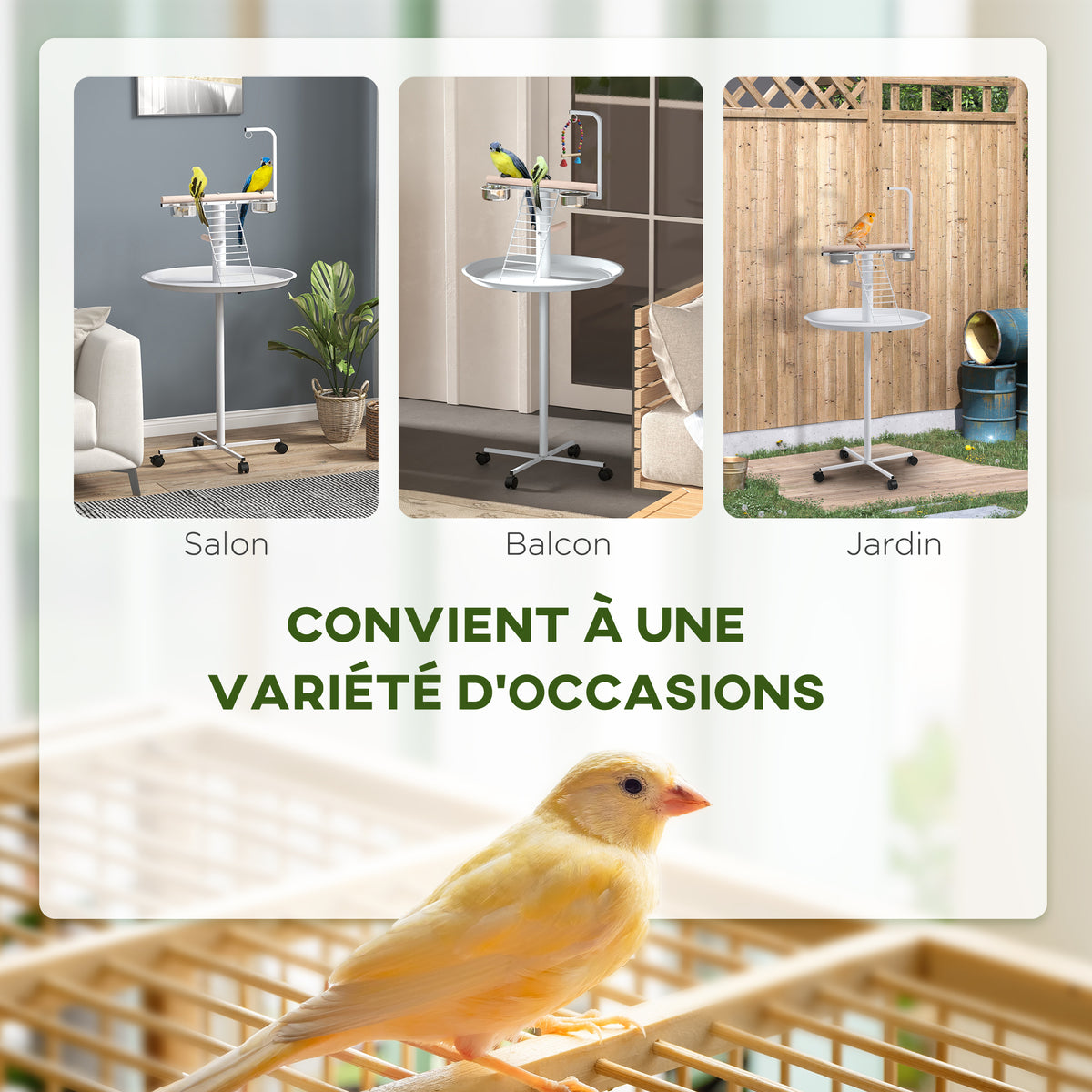 Mangeoire à oiseaux sur pied avec 4 roulettes perchoir 2 bols amovibles plateau rond acier inoxydable Ø 60 x 138H cm blanc