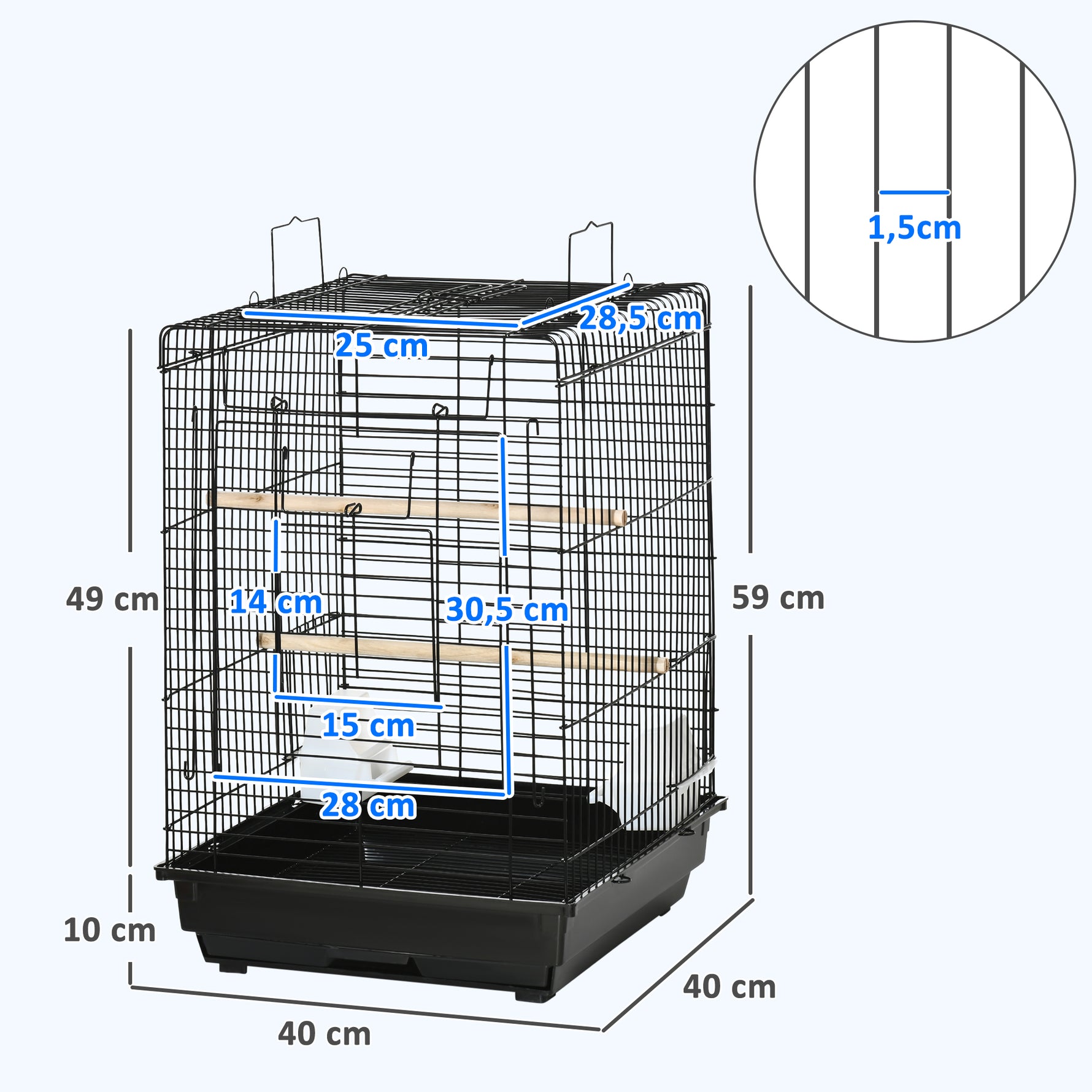Cage à oiseaux en métal avec mangeoires perchoirs plateau amovible poignée dim. 40L x 40l x 59H cm noir