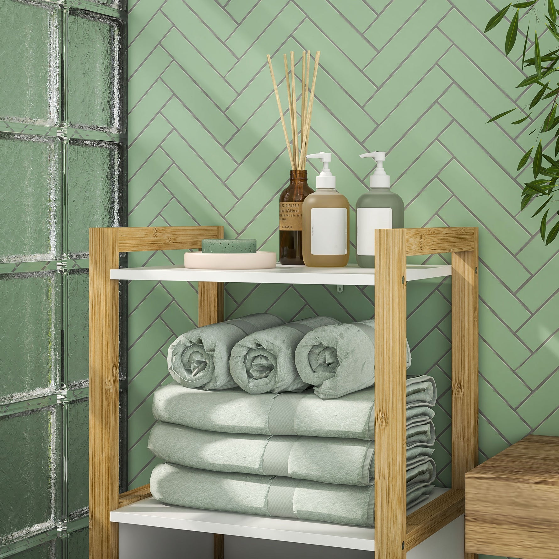 Meuble sur pied en bambou panier à linge salle de bain gain de place - 2 étagères - dim. 40L x 30l x 86,5H cm
