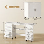 Tavolo da cucito pieghevole, mobile per cucito con rotelle, 2 ante magnetiche, 4 scomparti, 20 ganci, 160x40x81,5cm, bianco