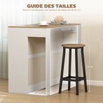 Table de bar, table haute cuisine à 3 niveaux 2 compartiments ouverts, plateau effet bois naturel 113 x 60 x 90 cm blanc