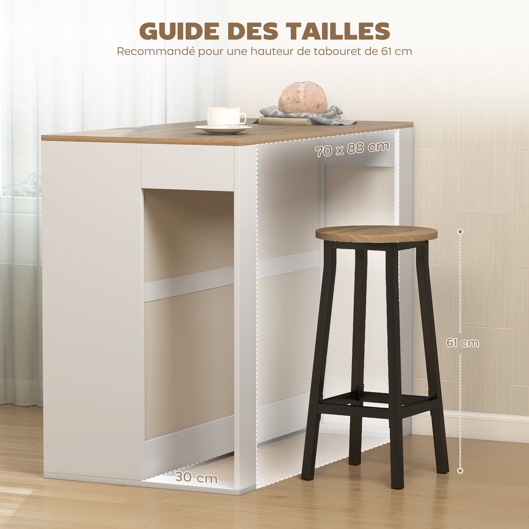 Table de bar, table haute cuisine à 3 niveaux 2 compartiments ouverts, plateau effet bois naturel 113 x 60 x 90 cm blanc