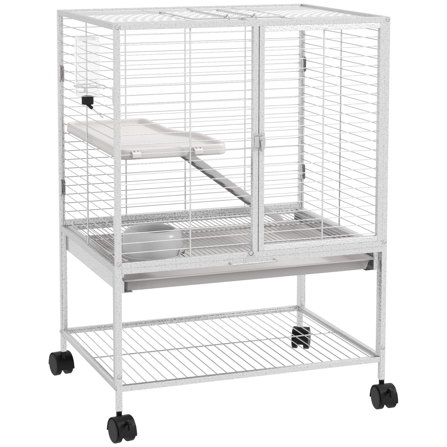Cage pour petits animaux sur roulettes 2 niveaux avec 2 portes, 1 rampe, 1 étagère de rangement 61,5 x 44,5 x 86 cm gris