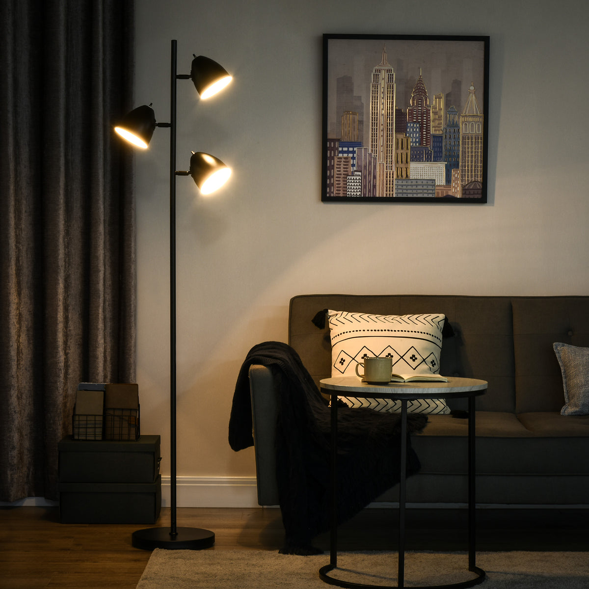 Lampadaire sur pied salon style industriel 3 abat-jours orientables en acier 38 x 28 x 169 cm noir