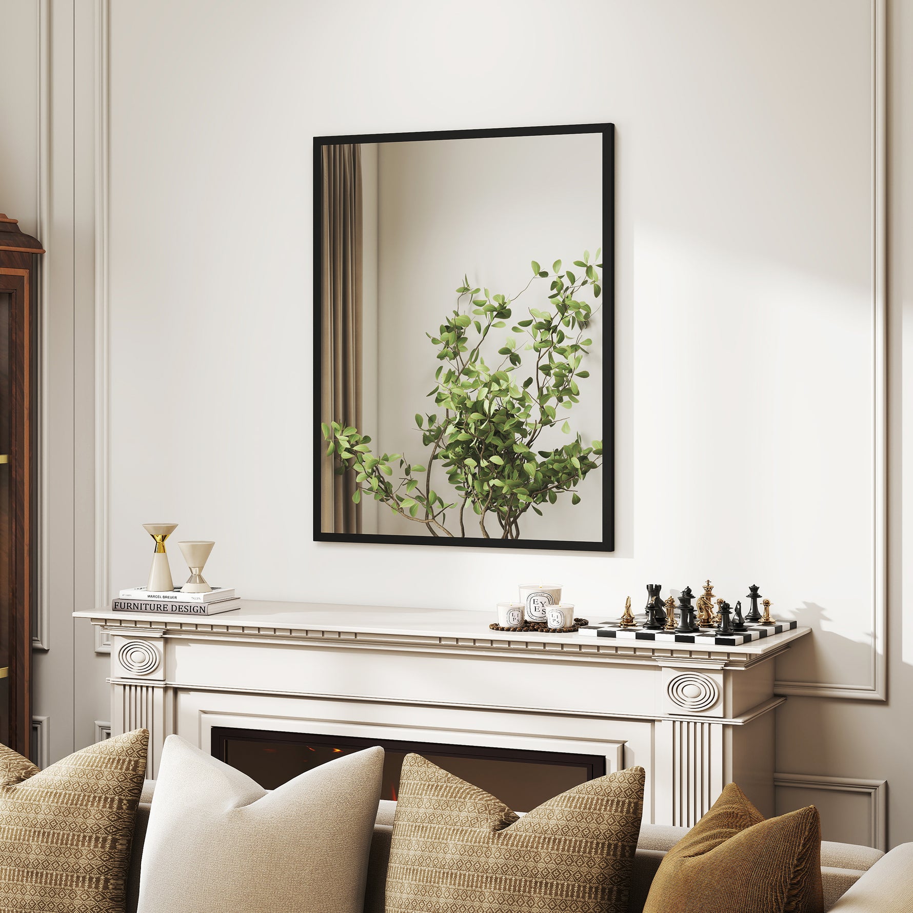 Miroir mural rectangulaire 90 x 70 cm, cadre en bois noir, idéal pour la salle de bain, salon ou chambre