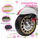 Scooter électrique enfant Vespa 6 V dim. 107L x 47l x 73H cm Musique MP3 Port USB Phare 2 roues d'entraînement - Blanc
