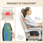 Fauteuil de bureau massant et chauffant, chaise de bureau, hauteur réglable, dossier inclinable, 65x70x111-119cm, crème