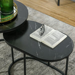 Lot de 2 tables basses tables d'appoint gigognes en acier et plateau MDF aspect marbre - table ronde et ovale - noir