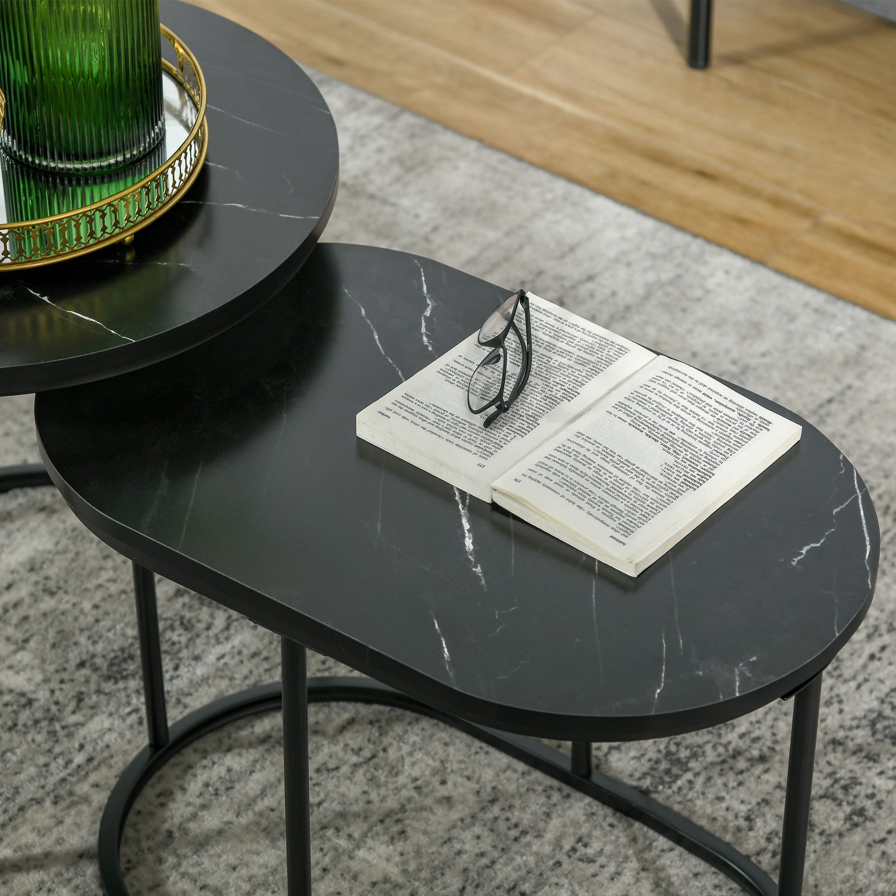 Lot de 2 tables basses tables d'appoint gigognes en acier et plateau MDF aspect marbre - table ronde et ovale - noir