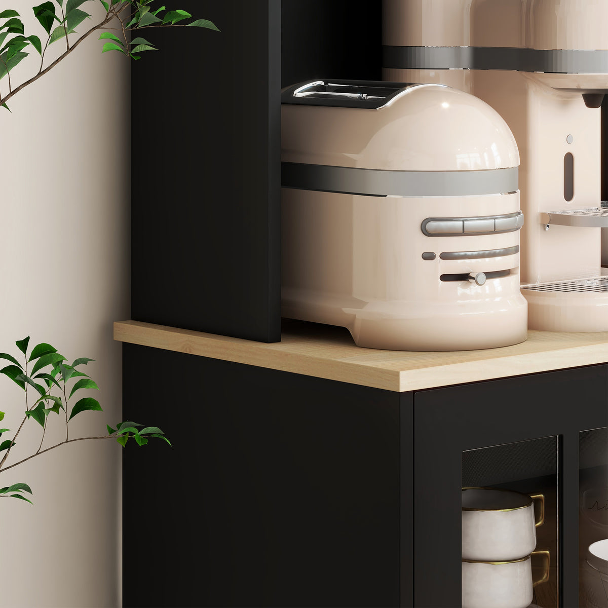Buffet cuisine, meuble cuisine rangement haut, meuble de rangement avec plan de travail, 3 portes vitrées, 2