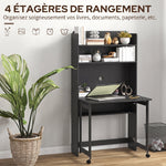 Bureau Informatique avec Étagères de Rangement, Plateau Rabattable, 2 Roulettes, pour Chambre, Salon, 80x69x155cm, Noir