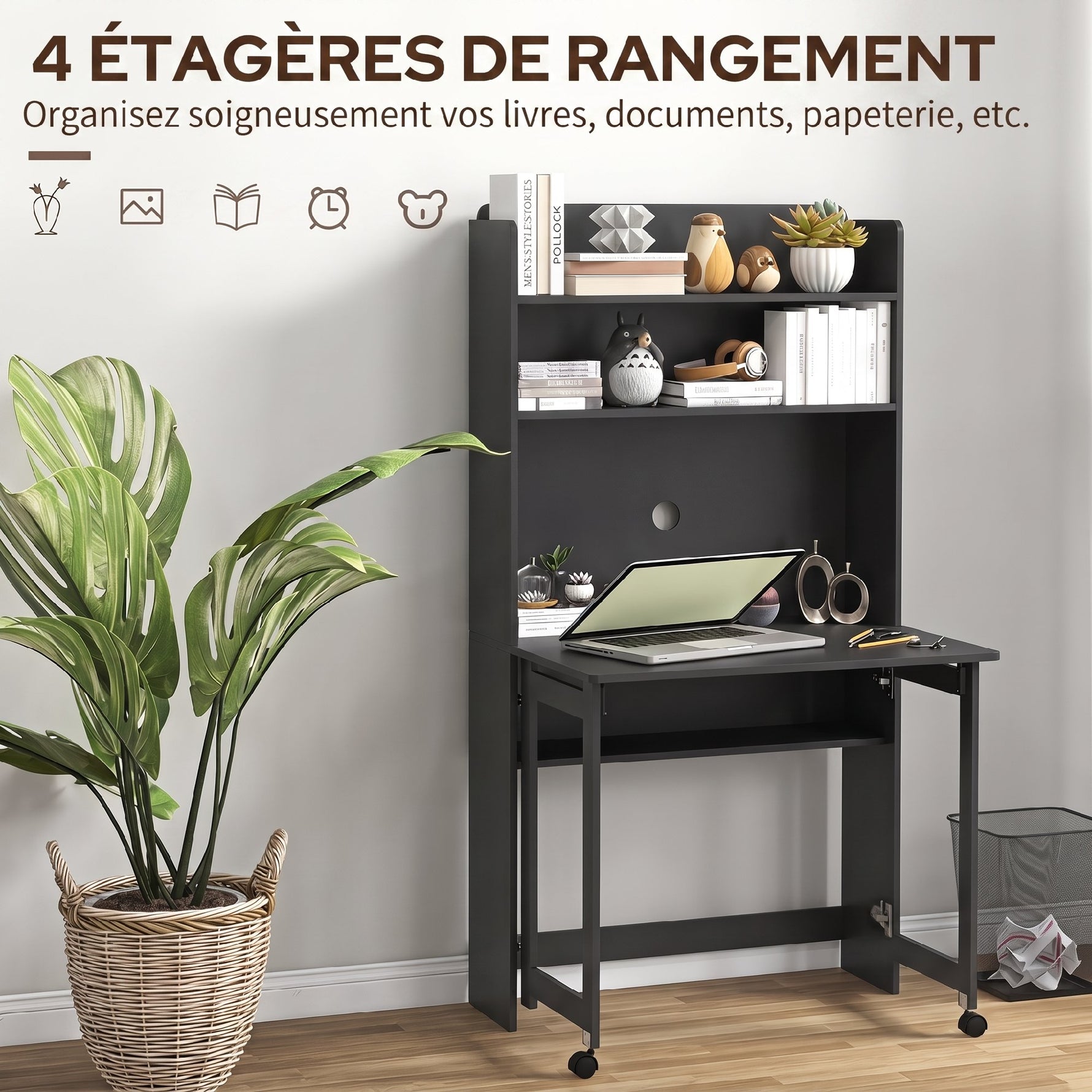 Bureau Informatique avec Étagères de Rangement, Plateau Rabattable, 2 Roulettes, pour Chambre, Salon, 80x69x155cm, Noir