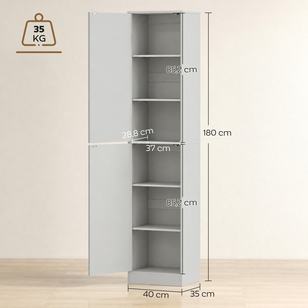 Colonna da bagno a 6 livelli, mobile contenitore stretto, 2 ante e 4 ripiani regolabili, 40x35x180cm, verde