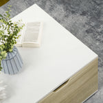 Table basse rectangulaire design contemporain 2 tiroirs 2 niches étagère verre trempé panneaux blanc aspect chêne clair