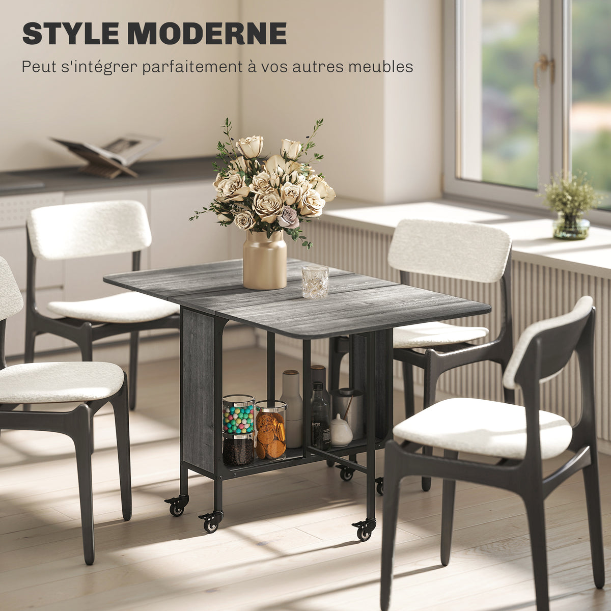 Table pliante de cuisine extensible salle à manger sur roulettes jusqu'à 6 personnes étagère intégrée, 6 roues, Gris