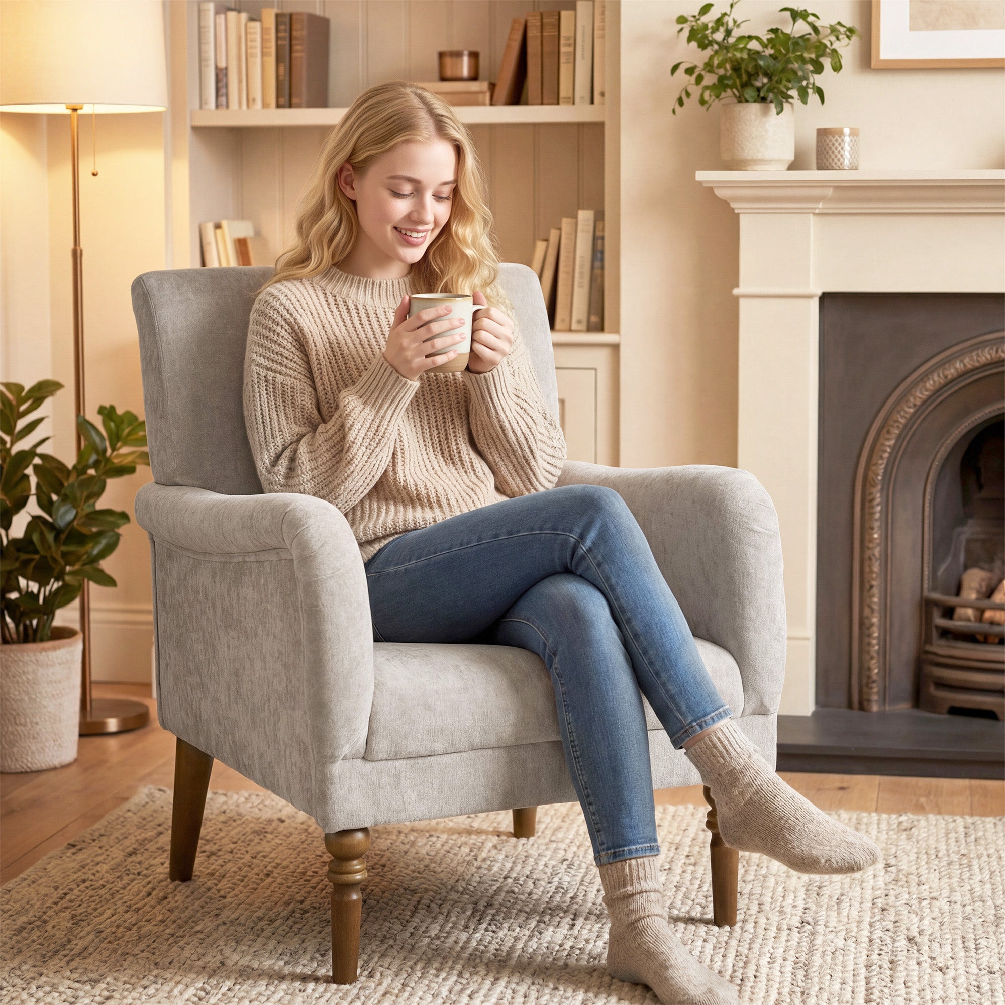 Living room armchair, 1-seater sofa with high backrest, armrests, wide seat, rubberwood legs, linen fabric, grey