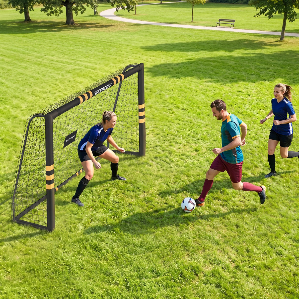 Futbol-atea babes-aparrarekin, lurreko 6 piketarekin eta PE sarearekin, 240x85x160cm, horia