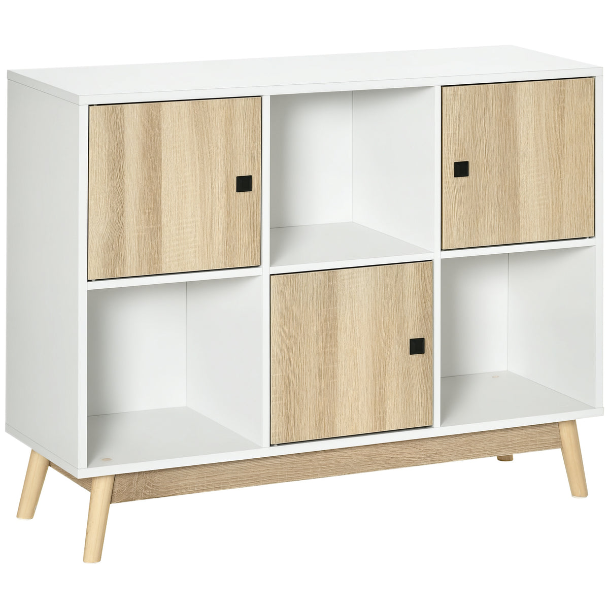 Buffet Salon, Meuble de Rangement 9 Cubes avec 3 Portes et 3 Compartiments Ouverts, Pieds en Bois de Pin, Style Moderne, Buffet Salle à Manger, Cuisine, 96x30x75cm, Blanc et Naturel