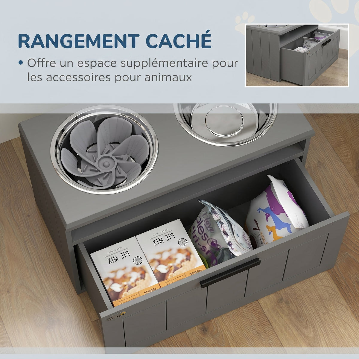 Gamelle Chien Surélevée avec Bols Anti-Glouton & Eau en Acier Inoxydable, Tiroir de Rangement, 60x30x35cm, Gris