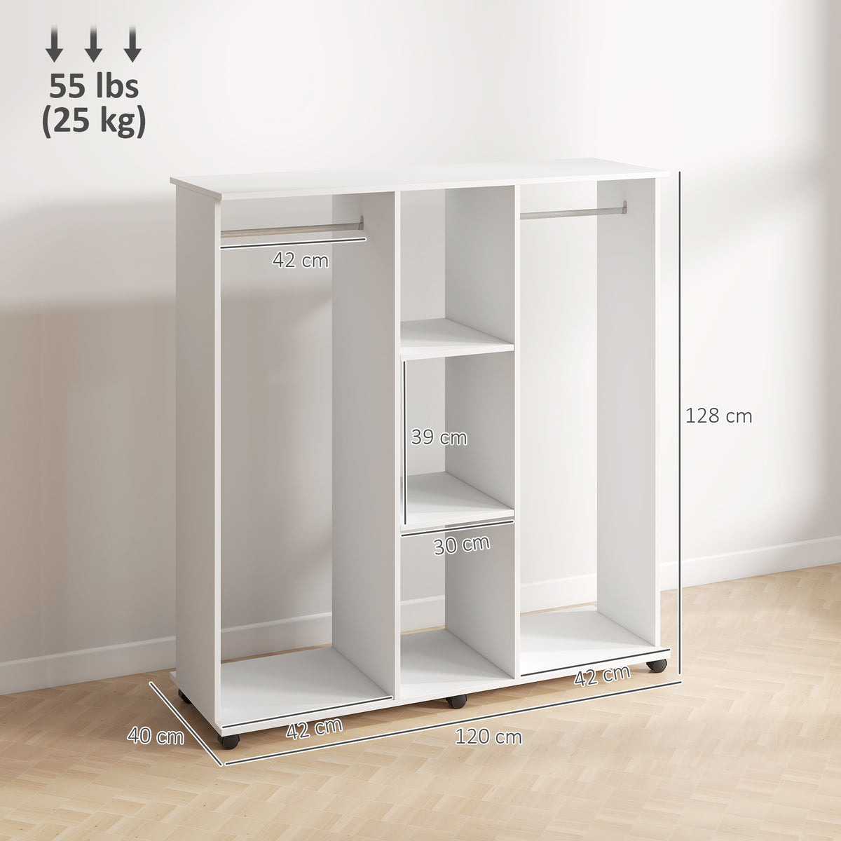 Armoire penderie meuble de rangement mobile 6 roulettes 120 x 40 x 128 cm en bois blanc