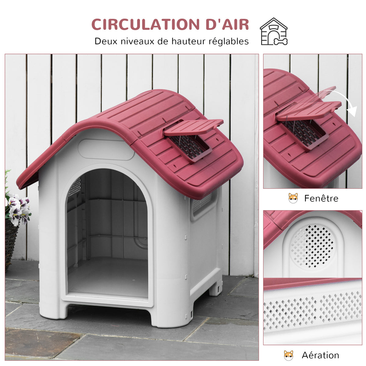 Niche pour chien extérieur et intérieur double porte en métal et multi-ventilation 59 x 75 x 66 cm rouge