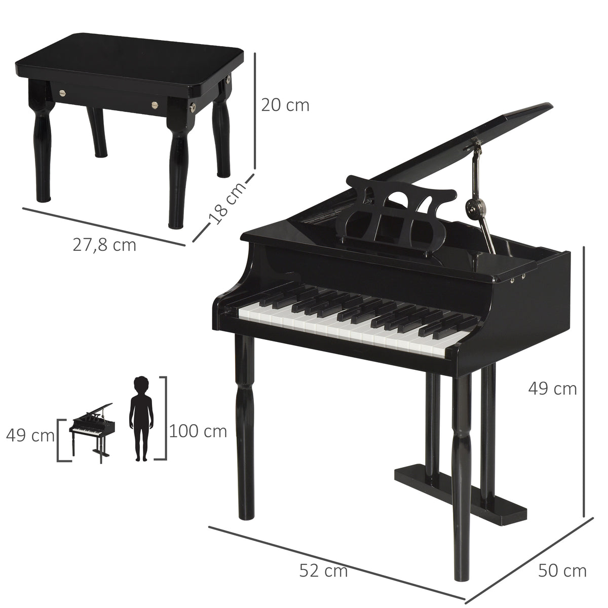 Piano à queue enfant en bois Piano enfant clavier de piano 30 touches - tabouret et pupitre inlus - Instrument de Musique - MDF noir