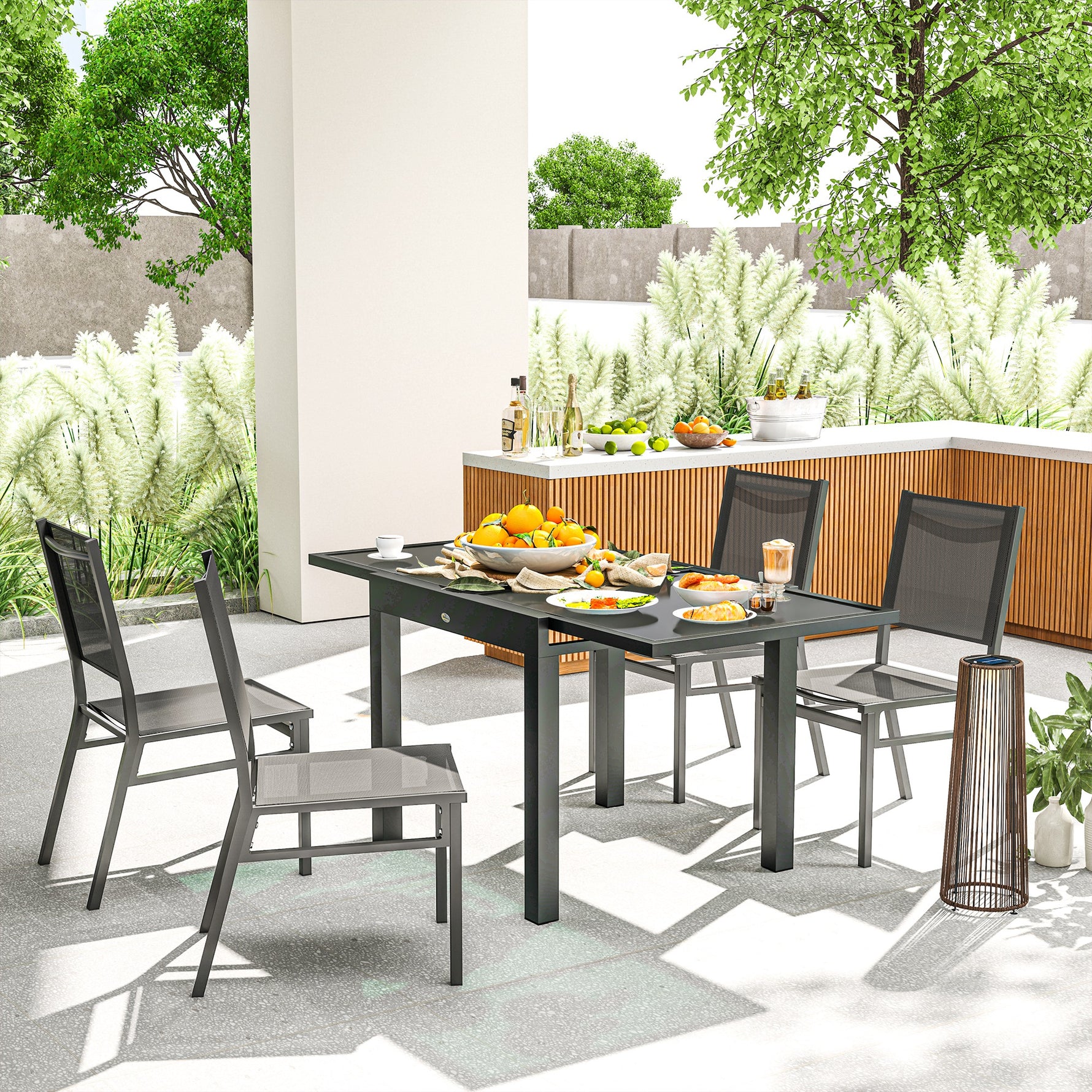 Table Extensible de Jardin Grande Taille dim. dépliées 160 x 80 x 75 cm Aluminium Gris foncé Plateau Verre trempé Noir