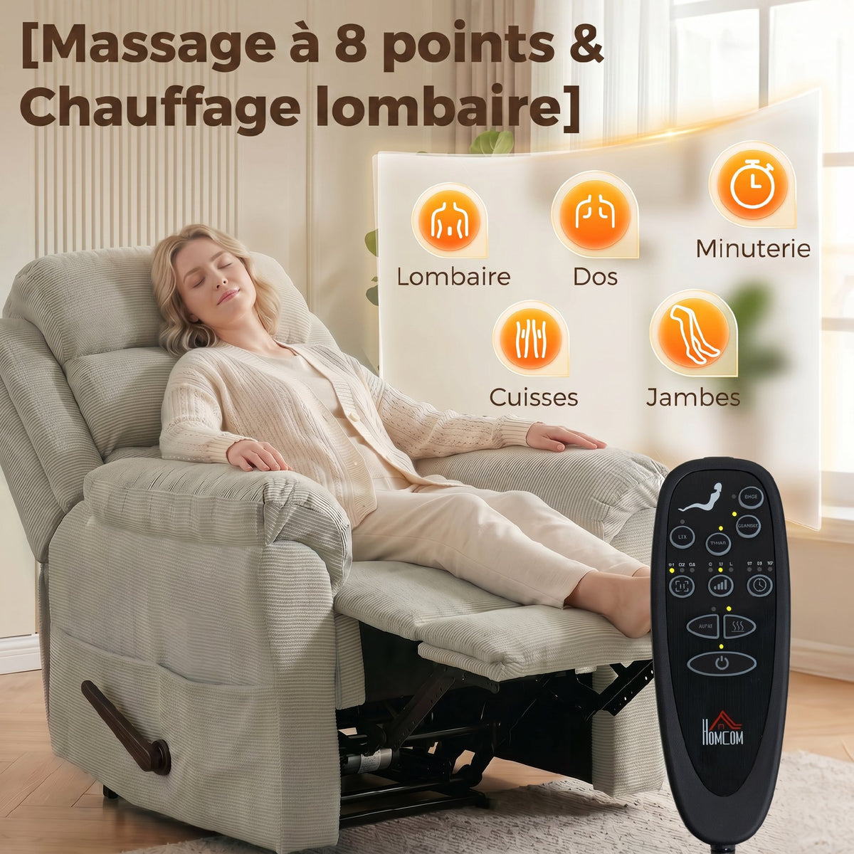 Fauteuil Inclinable de Massage et Chauffage, Fauteuil de Relaxation, Appuie-tête Réglable Poches Latérales, Crème