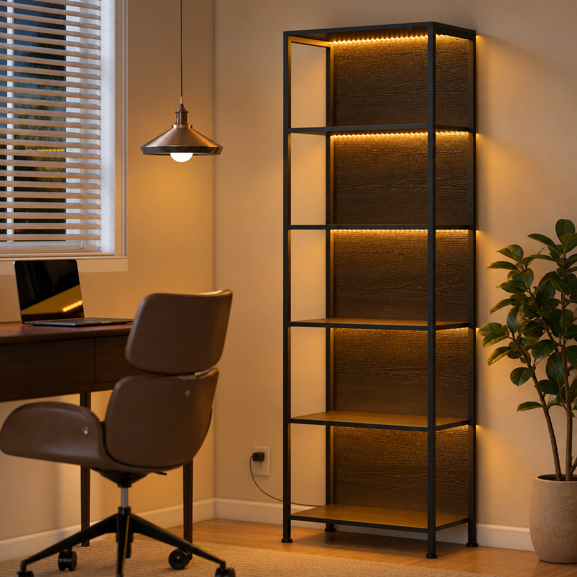 Libreria scaffale a 5 livelli con illuminazione a LED a 7 colori, struttura in acciaio, 60 x 30 x 179 cm, nero