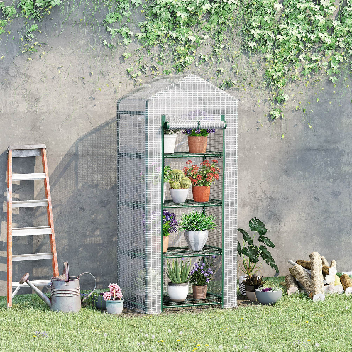 Serre de Jardin PE avec Étagères 4 Niveaux, Serre de Balcon, Bâche Renforcée 140g/m², Châssis en Acier, Porte Zippée Enroulable, pour Légumes et Plantes, Extérieur, 70x50x160cm, Blanc