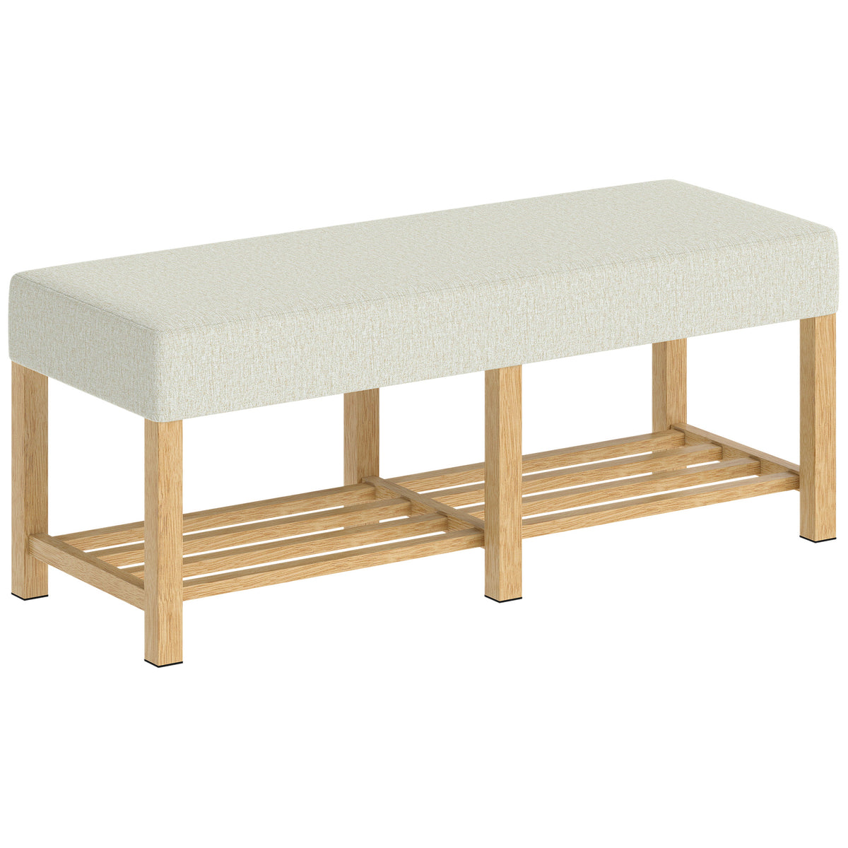 Panca scarpiera, panca contenitore con seduta imbottita, ripiano a giorno, legno di gomma, 120x44x48 cm, legno naturale