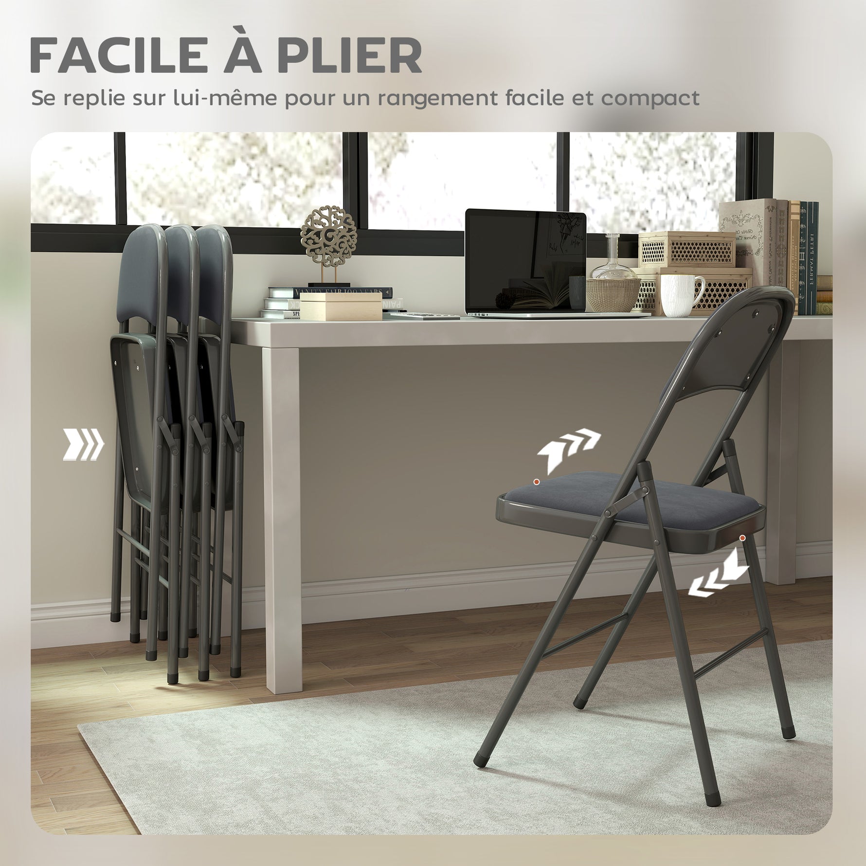 Lot de 4 chaises pliantes et portables intérieur avec assises et dossiers rembourrés en velours, cadre en acier, gris foncé