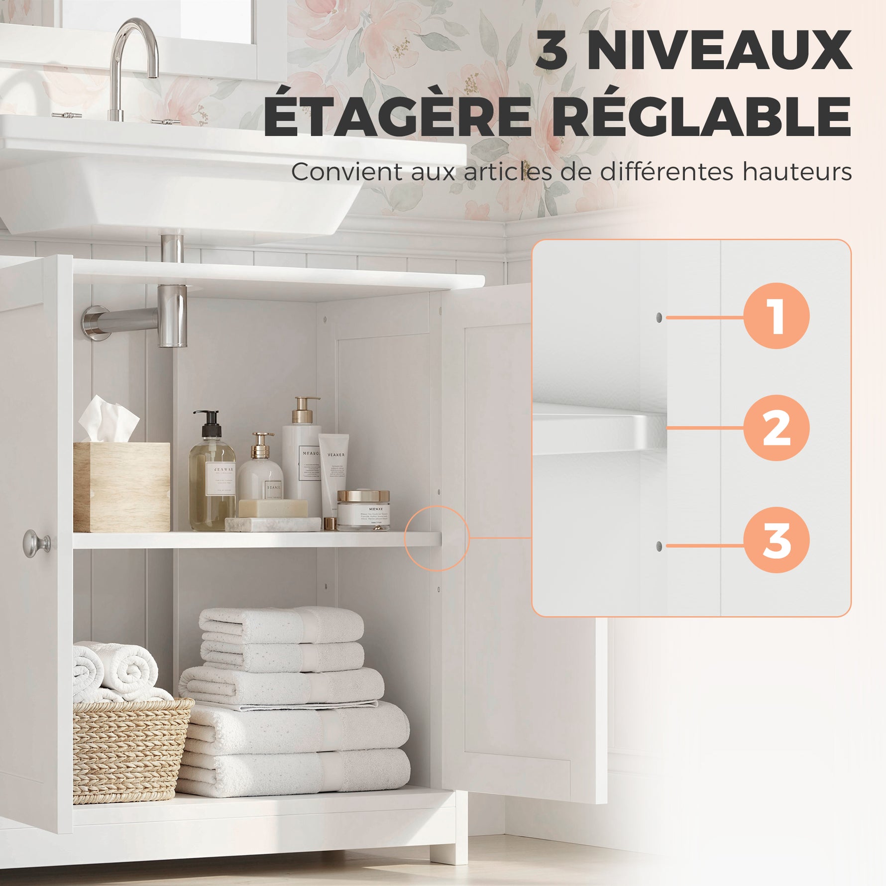 Meuble salle de bain sous lavabo - meuble sous-vasque - placard 2 portes avec étagère - dim. 60L x 30l x 60H cm - en bois blanc