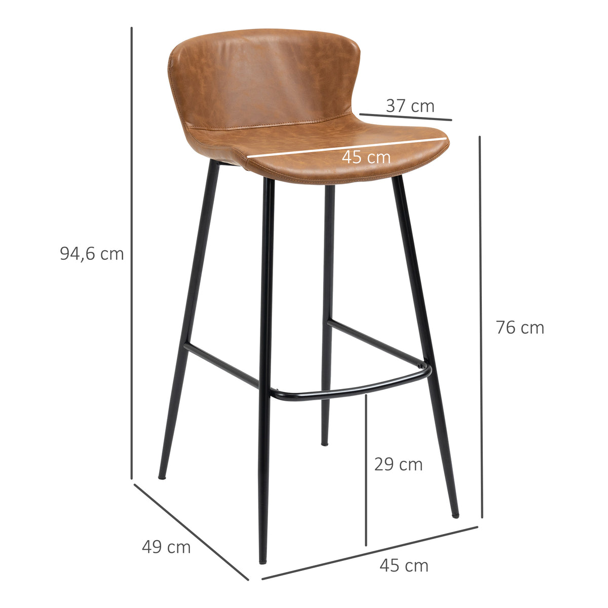 Lot de 2 tabourets de bar assise en similicuir hauteur 76 cm avec repose-pieds en acier et dossier design vintage marron