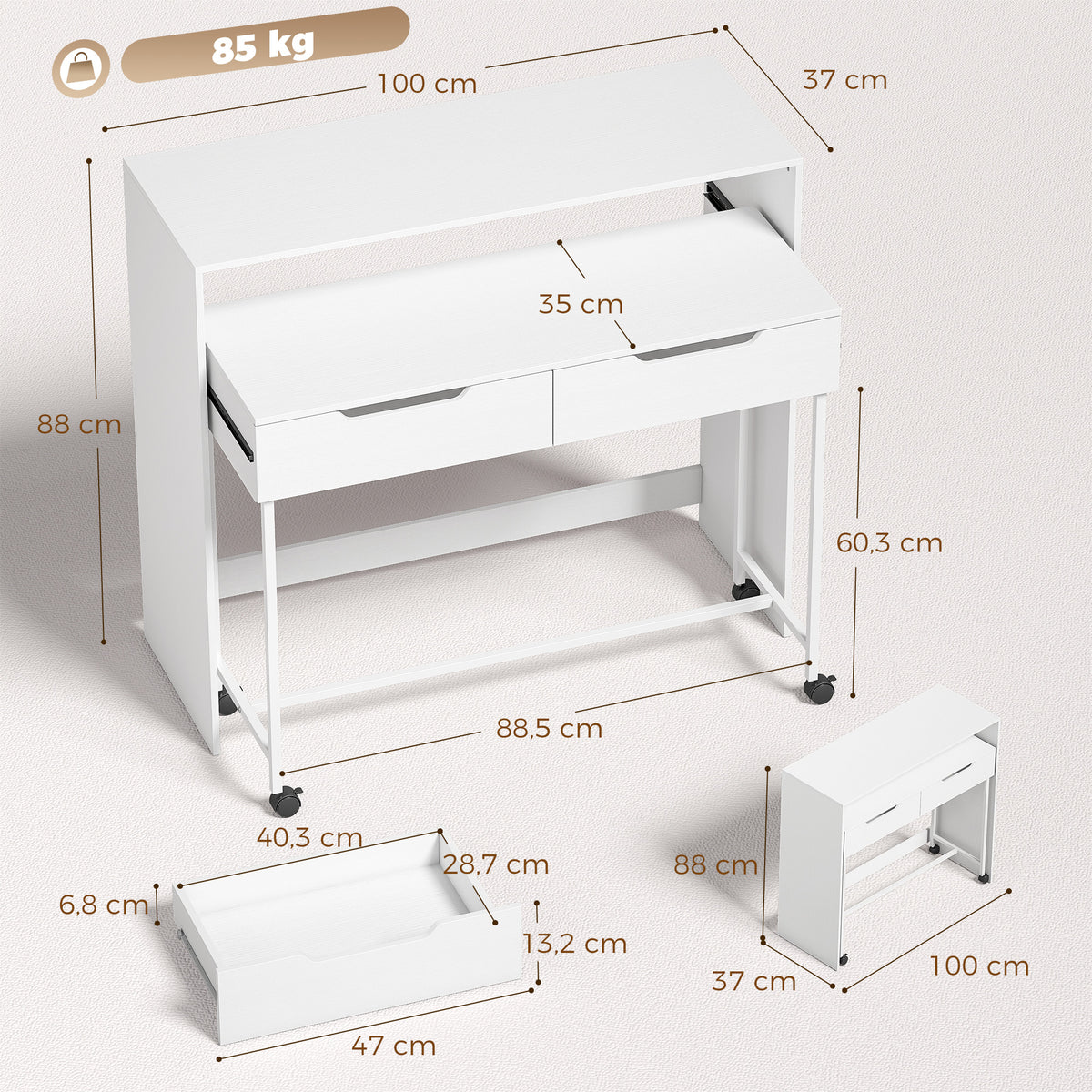 Bureau d'Ordinateur Extensible 100 cm avec 2 Tiroirs, Bureau avec Rangement, Style Moderne, Blanc