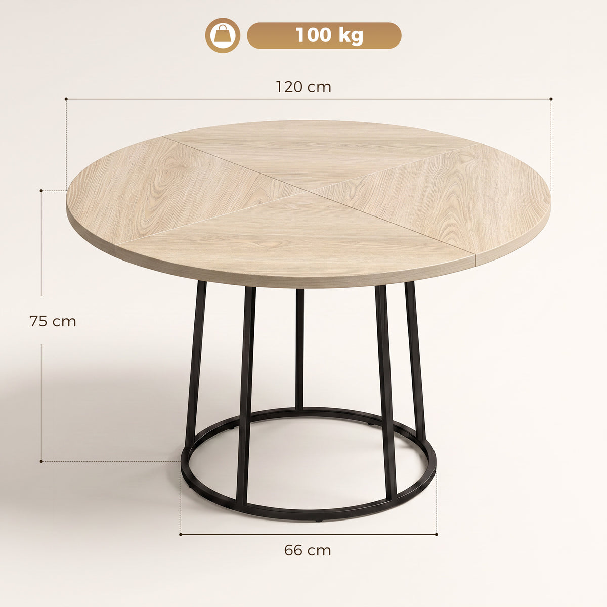 Table à Manger Ronde pour 4 à 6 Personnes, Ø 120 x 75 cm, Table de Cuisine avec Piétement Conique en Métal, Bois Naturel