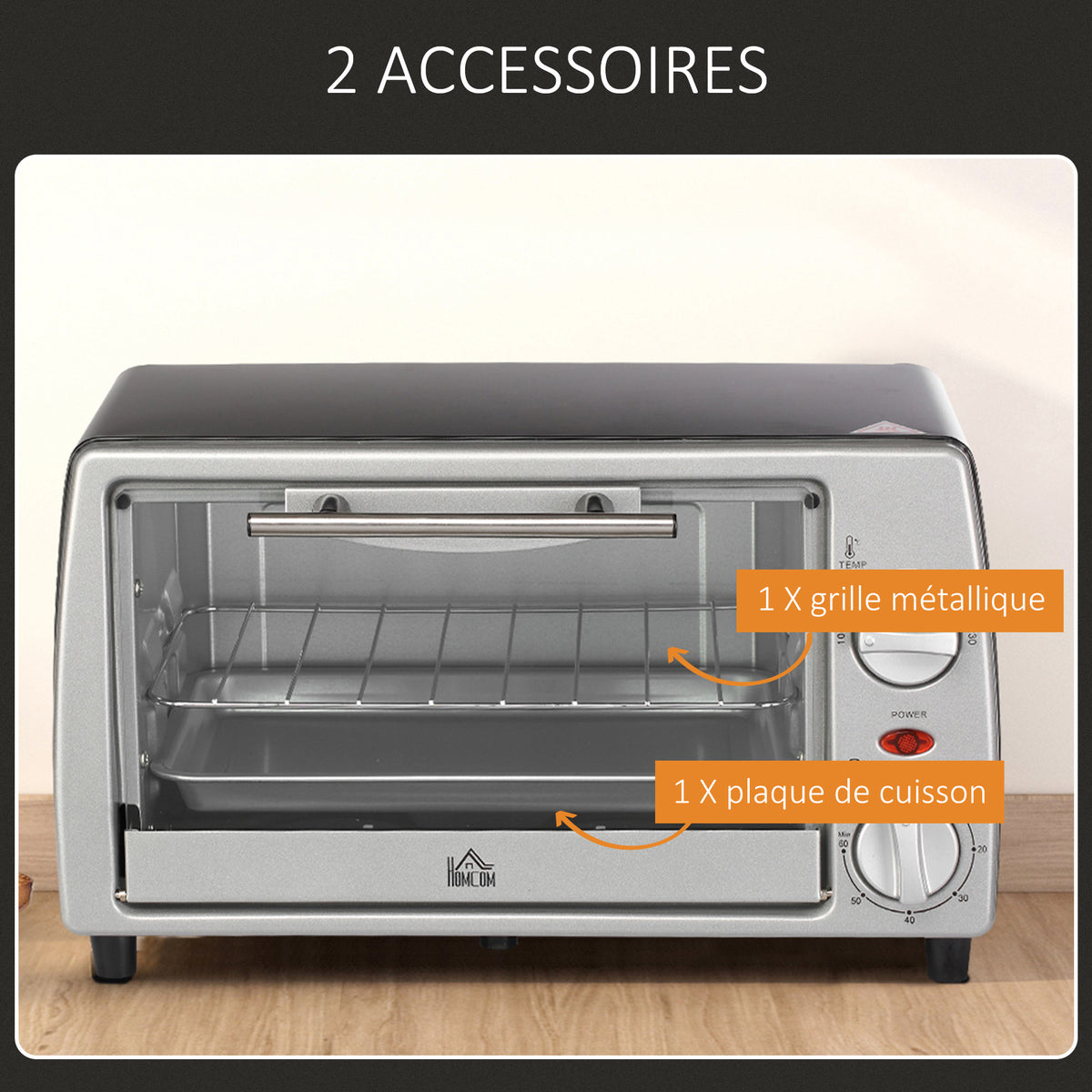 Mini four électrique 10L 1 grille et 1 plateau, température réglable de 100°C à 230°C, Minuteur 60 min, 36,5x26x22 cm