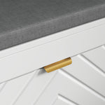 Banc à chaussures, banc de rangement, assise rembourrée, tiroir rabattable, porte avec motif 106 x 24 x 52,5 cm, blanc