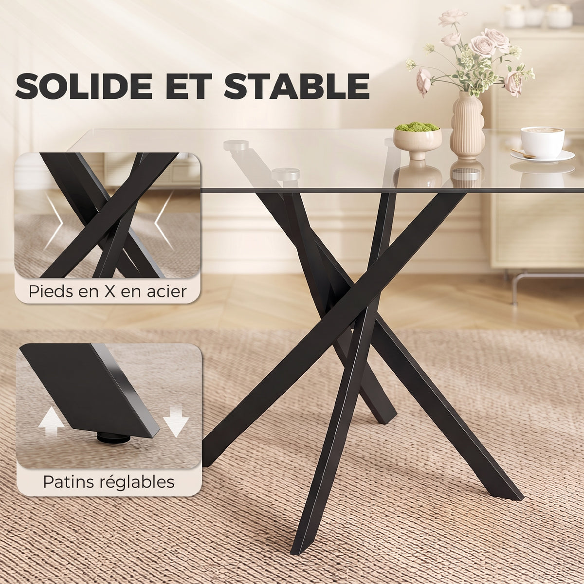 Mesa de Cocina, Tablero de Vidrio Templado, Base Cruzada de Acero, Estilo Moderno, para Comedor, Cocina, Sala de Estar