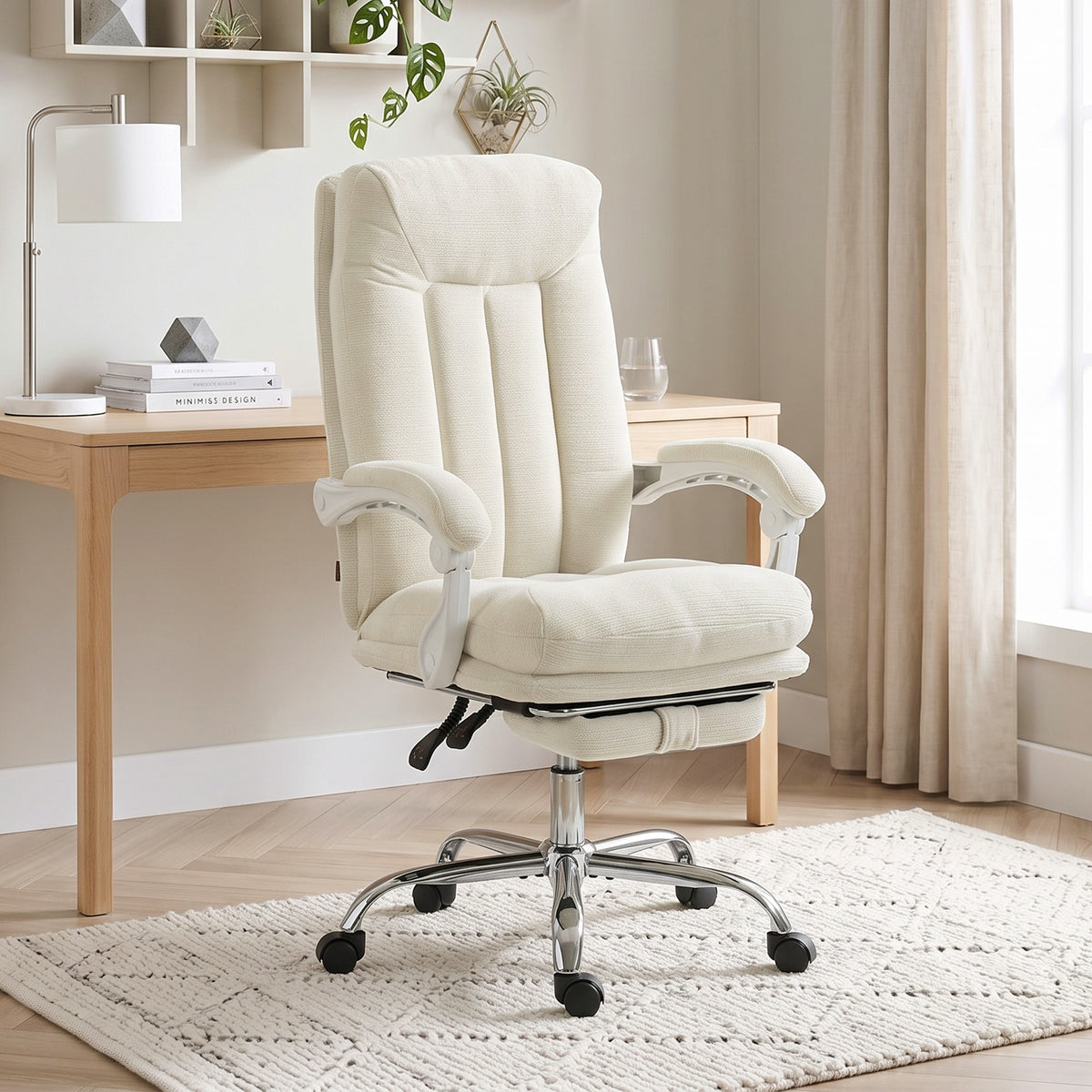 Chaise Bureau Ergonomique, Fauteuil de Bureau Inclinable en Chenille, Hauteur Réglable, Repose-Pieds, Crème
