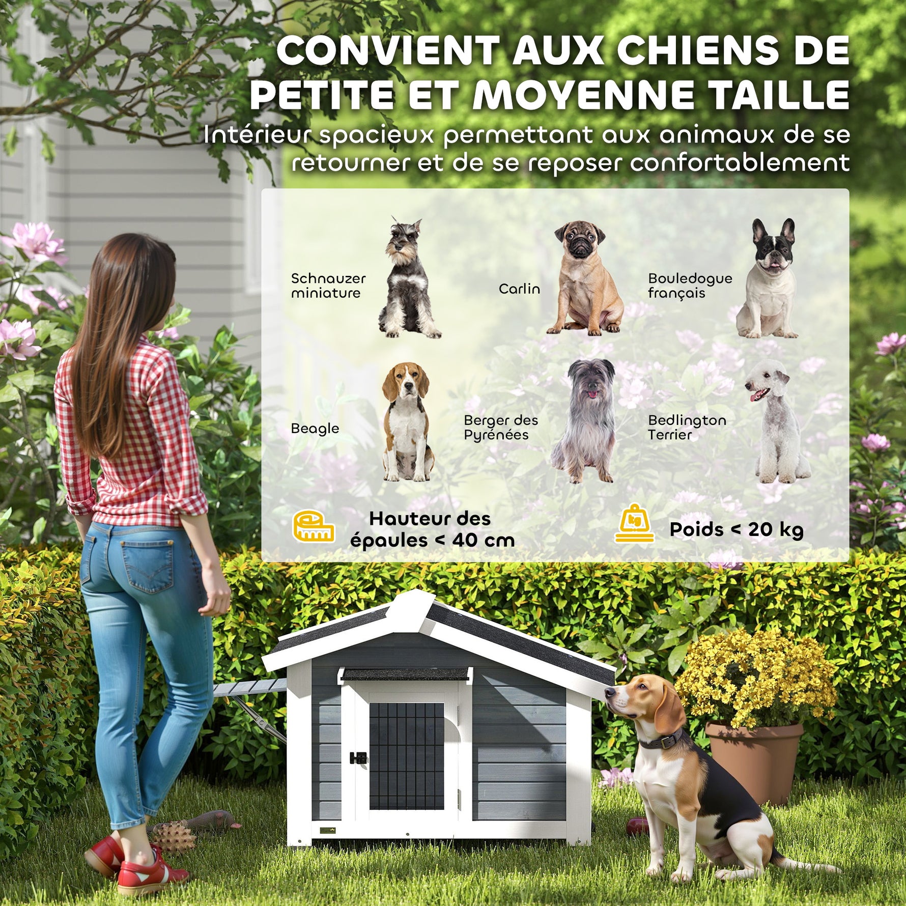 Niche pour Chien Extérieur Abri Jardin Surélevé Plancher Amovible Auvent de Porte et Toit Imperméable 98x76x69,5cm Gris