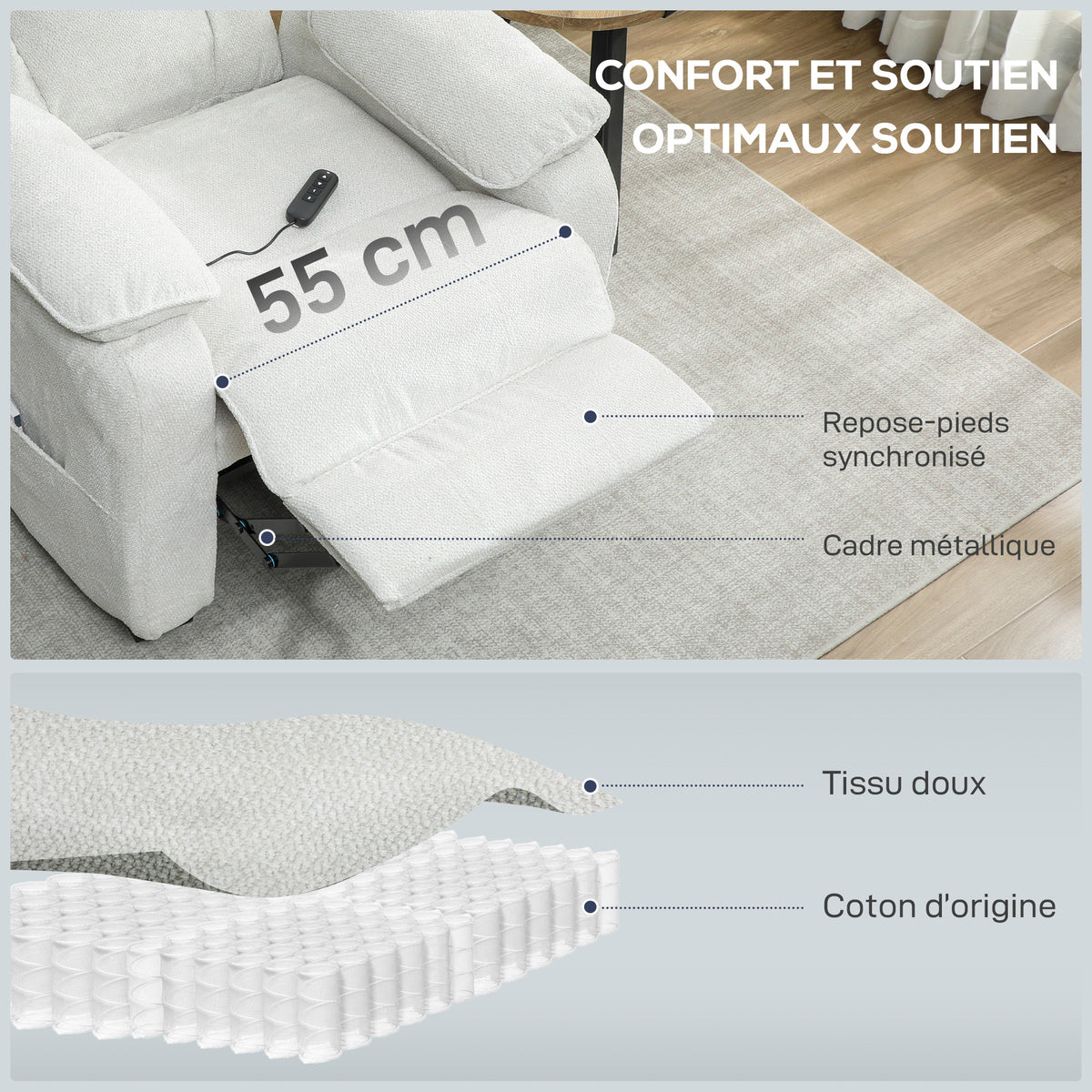 Fauteuil relax électrique fauteuil inclinable port USB repose-pieds poches latérales télécommande 86x90x103cm crème