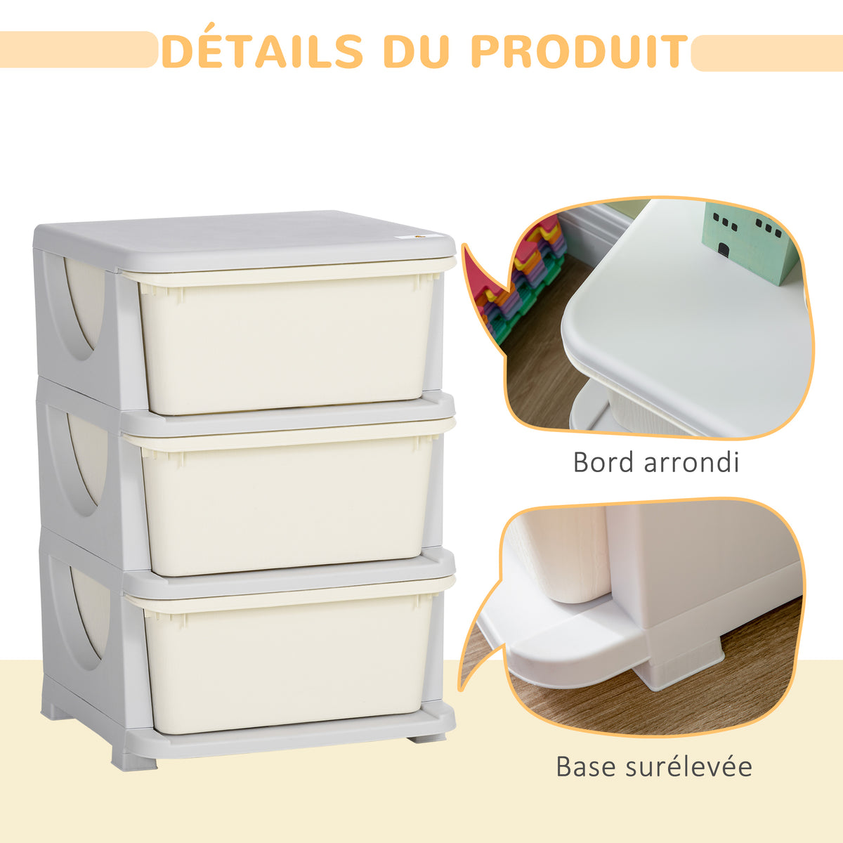Organisateur de jouets pour enfants avec tiroirs à 3 niveaux, boîtes de rangement en plastique, 37 x 37 x 56,5 cm, crème