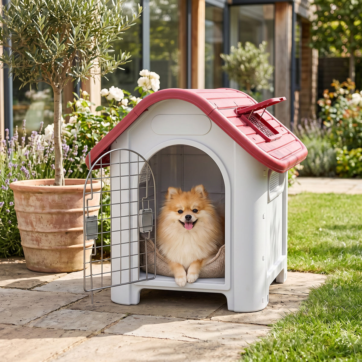 Niche pour chien extérieur et intérieur double porte en métal et multi-ventilation 59 x 75 x 66 cm rouge