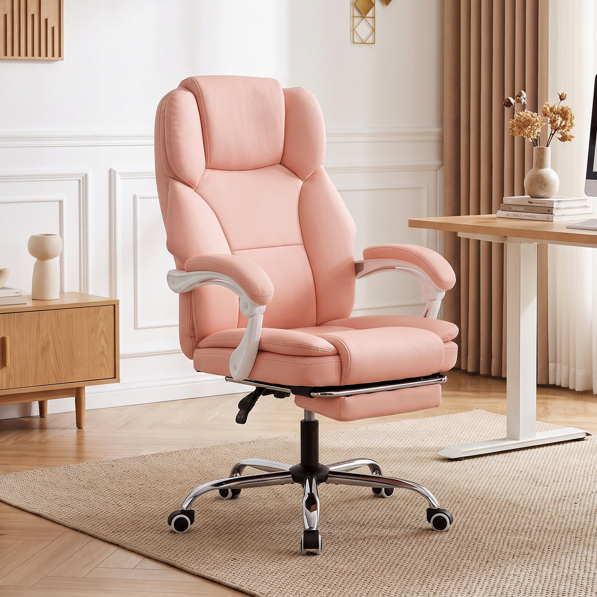 Chaise Bureau Ergonomique, Fauteuil de Bureau Inclinable en Cuir Synthétique Adapté aux Animaux, Hauteur Réglable, Rose