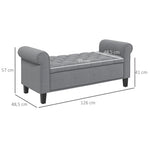 Banc de rangement bout de lit avec accoudoirs, tissu effet velours rembourré et capitonné, 126 x 48,5 x 57 cm, gris