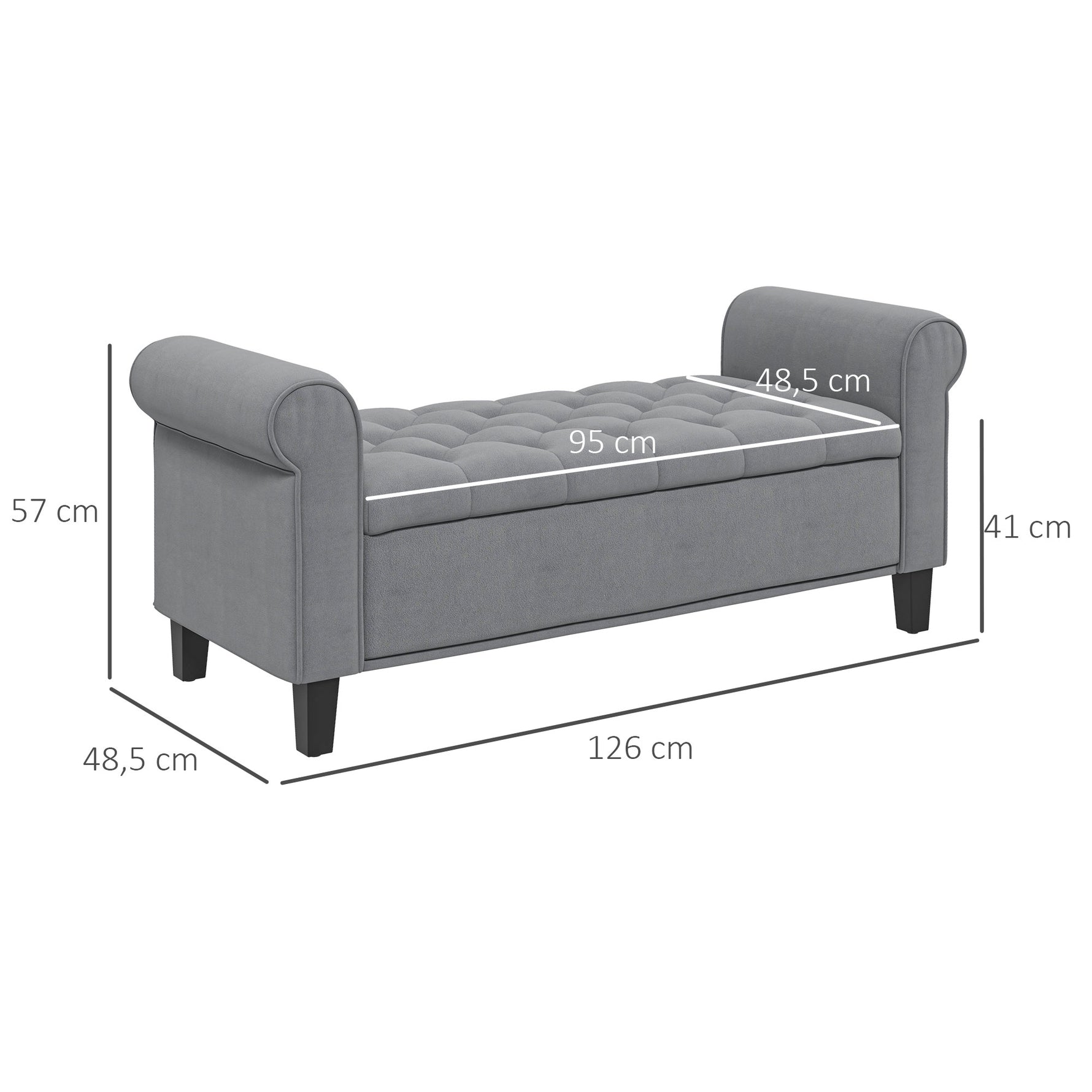 Banc de rangement bout de lit avec accoudoirs, tissu effet velours rembourré et capitonné, 126 x 48,5 x 57 cm, gris