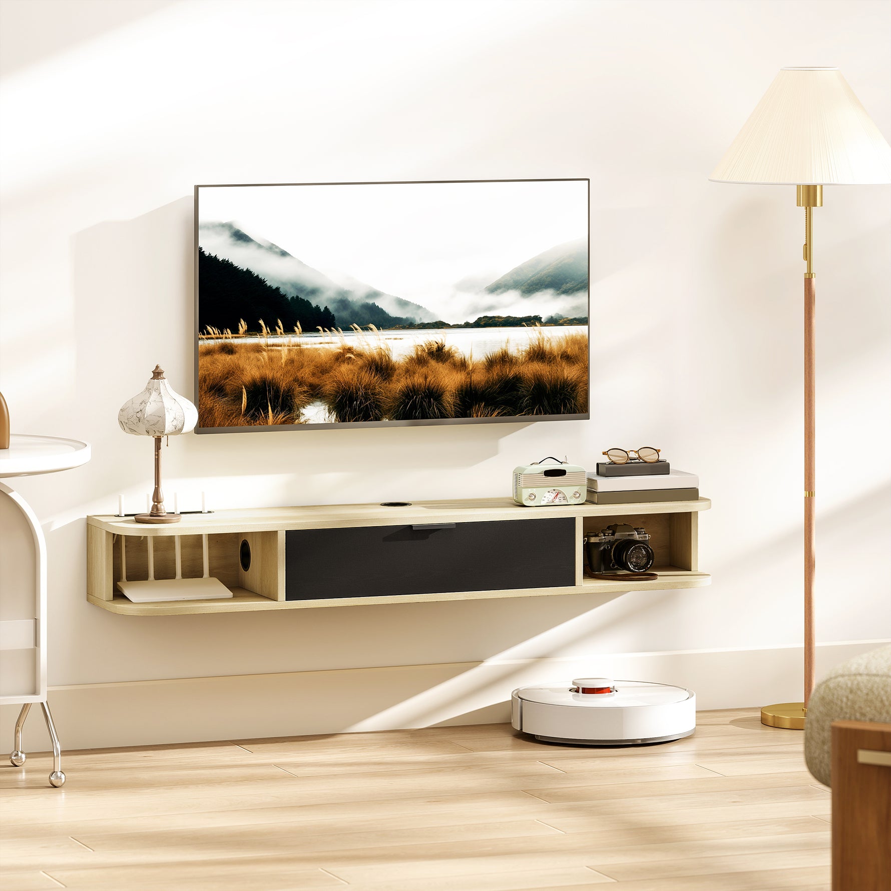 Meuble TV suspendu, meuble télé pour téléviseur jusqu'à 50 pouces, tiroir rabattable 2 étagères 120x24x16cm noir