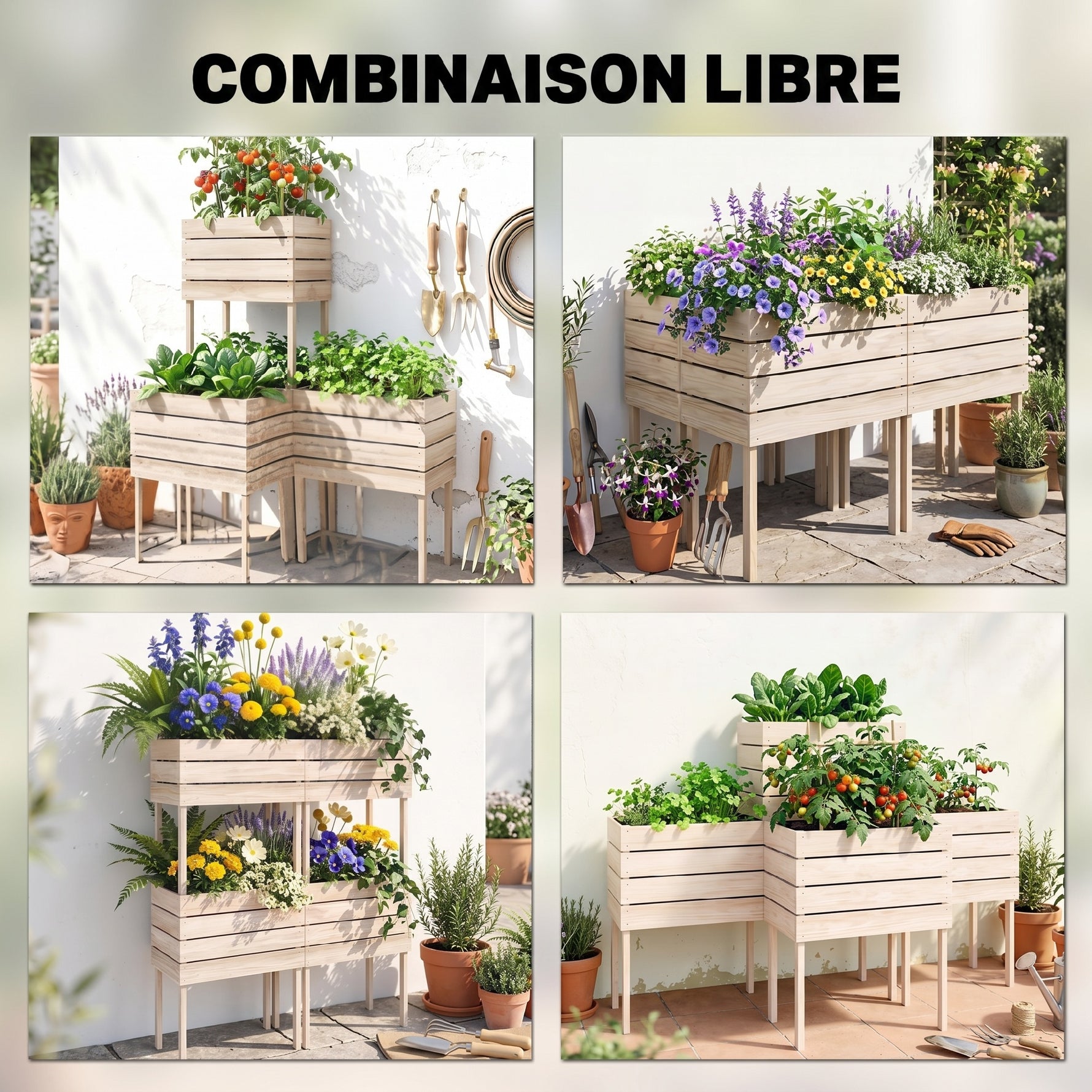 Jardinières sur Pieds carrés potagers - Lot de 4 jardinières sur Pied modulables - 50L x 30l x 60H cm