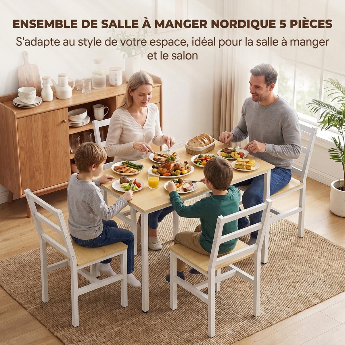 Dining Table Set with 4 Chairs, 108 cm Rectangular Table, Slat Back Chairs, Oak and White